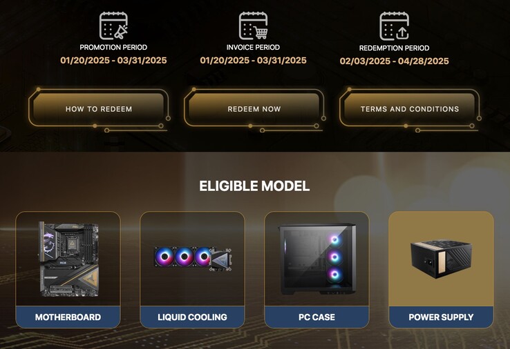 A oferta é válida apenas para PSUs, gabinetes de PC, placas-mãe e coolers AIO específicos. (Fonte da imagem: MSI)