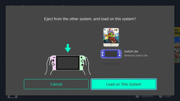 Tela do Nintendo Switch perguntando "Ejetar do outro sistema e carregar neste sistema?" com o cartão de jogo virtual Super Mario 3D World + Bowser's Fury exibido ao lado de um ícone do Switch Lite e um ícone do Switch OLED.