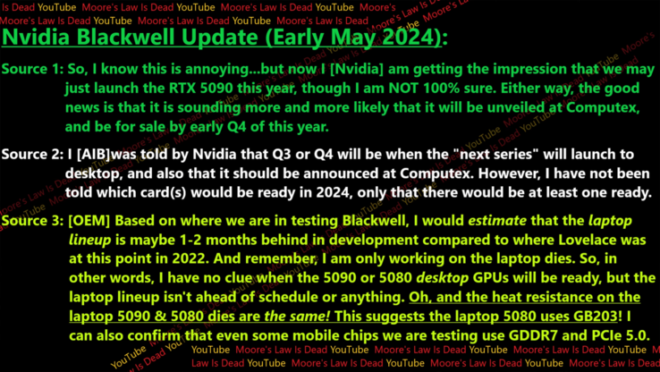 Rumor de SKUs de laptop Nvidia Blackwell (imagem via Moore's Law is Dead no YouTube)