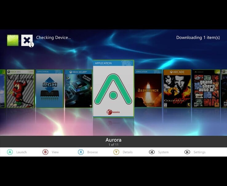Menu homebrew do Xbox 360 mostrando o ícone da dashboard Aurora selecionado, com outros aplicativos e jogos como XeLL Launch, RGH, Dash Launch, GoldenEye 007 e Grand Theft Auto III visíveis em segundo plano. (Fonte da imagem: MrMario2011 no YouTube)