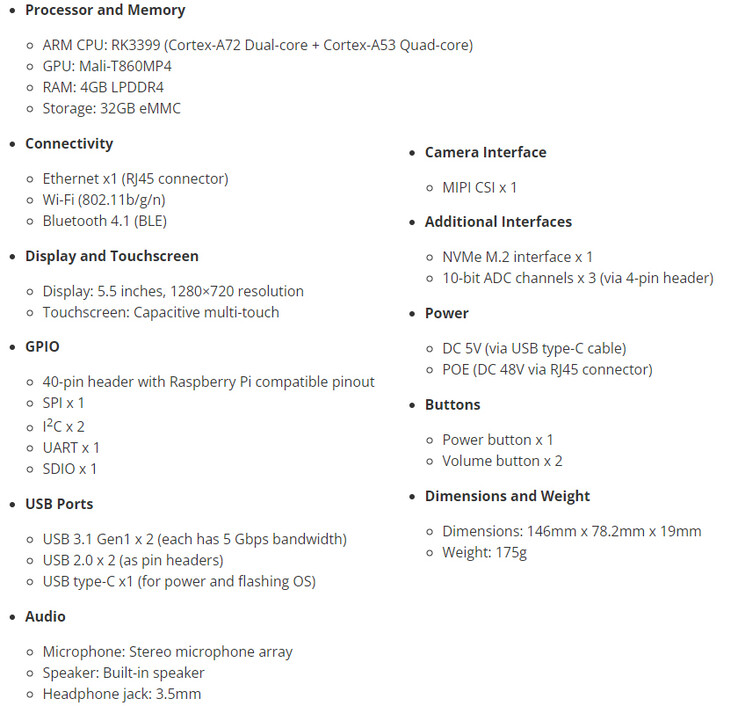 Folha de especificações completa do computador de placa única (Fonte da imagem: UUGear)