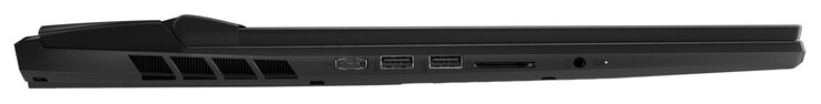 À esquerda: porta de carga, 2x USB 3.2 Gen 2 (USB-A), leitor de cartões SD, conector combinado microfone/fone de ouvido