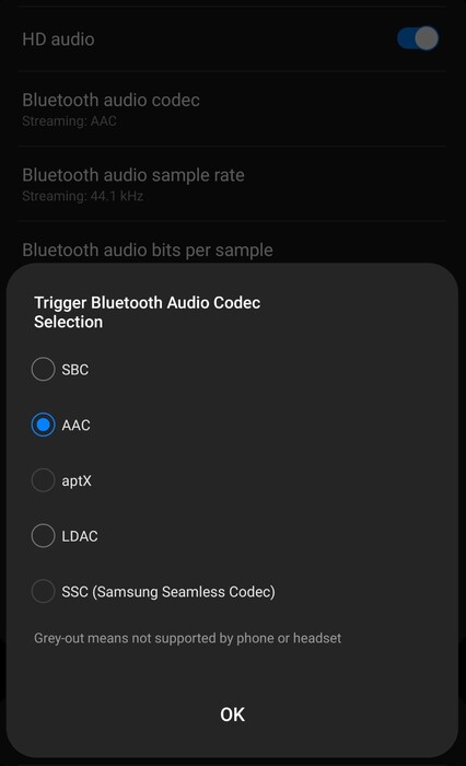 A gama de codecs de áudio Bluetooth disponíveis também parece decepcionante no Galaxy S23 Ultra.