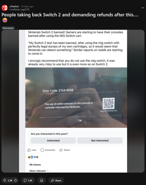 Switch 2 Nintendo Switch Online banido por uso de cartucho Mig flash (Fonte da imagem: Switch subreddit)