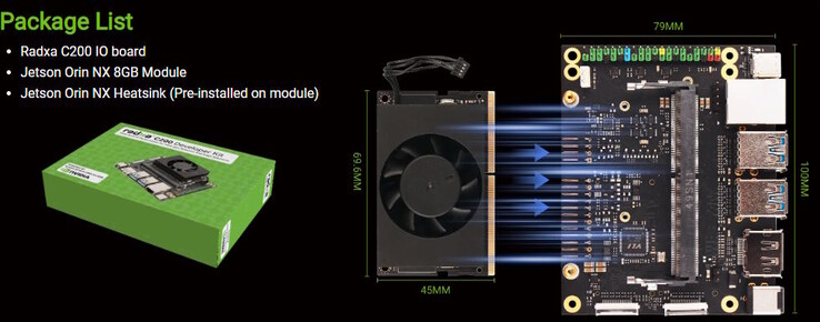 O C200 é basicamente uma placa de transporte com um módulo Jetson Orin NX 8GB com resfriamento ativo (Fonte da imagem: Radxa)