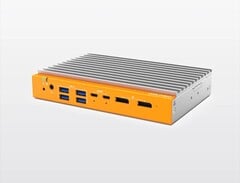 O mini PC sem ventoinha OnLogic Helix 320 pode ser equipado com uma CPU Intel de até 8 núcleos e apresenta uma estrutura em alumínio na cor prateada e um acabamento laranja na parte frontal