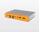 O mini PC sem ventoinha OnLogic Helix 320 pode ser equipado com uma CPU Intel de até 8 núcleos e apresenta uma estrutura em alumínio na cor prateada e um acabamento laranja na parte frontal