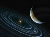 Ilustração de um artista mostrando um planeta azul e duas estrelas.
