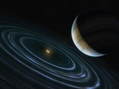 Ilustração de um artista mostrando um planeta azul e duas estrelas.