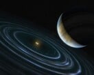 Ilustração de um artista mostrando um planeta azul e duas estrelas.