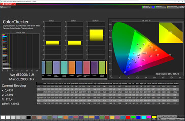 precisão de cores (espaço de cores alvo: P3; perfil: vívido, quente)