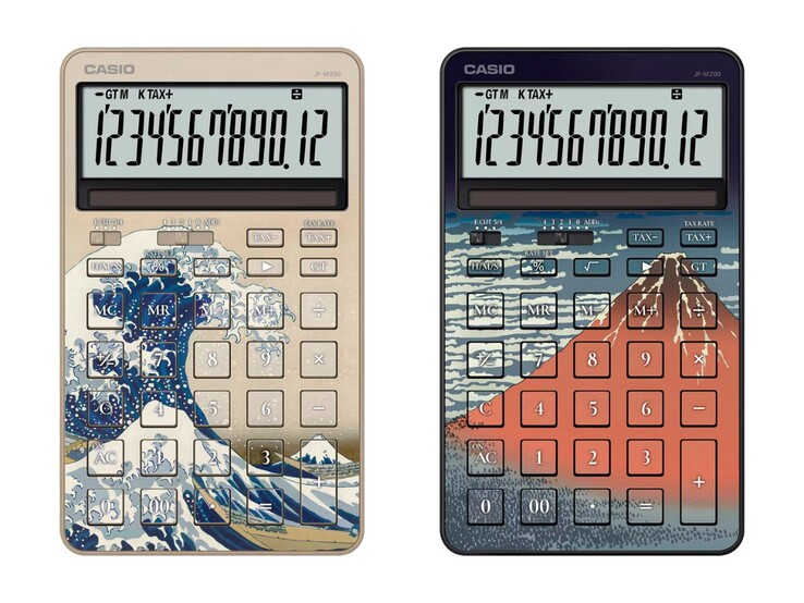 As calculadoras JF-M200-TJ-KHK (esquerda) e JF-M200-TJ-KHG (direita) da Casio, inspiradas em Hokusai. (Fonte da imagem: Casio)
