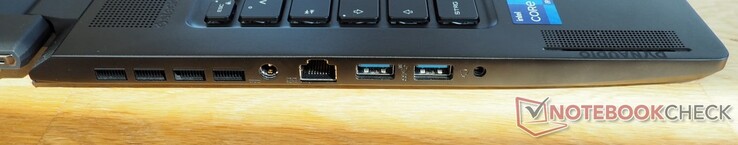 Lado esquerdo: Fonte de alimentação, RJ45-LAN, 2x USB-A 3.2 Gen 2, conector de áudio de 3,5 mm