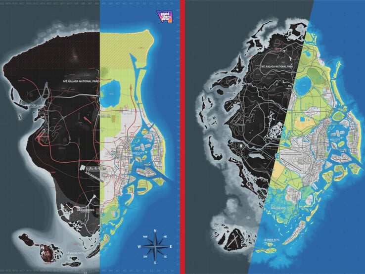 Comparação entre a Versão 15 (à esquerda) e a Versão 16 (à direita) do mapa da comunidade de Grand Theft Auto VI.