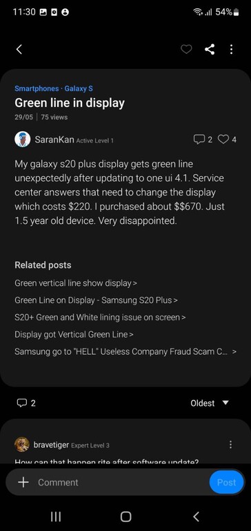 Usuários reclamando de Galaxy S20 Plus apresentam problemas de exibição nos Membros Samsung (imagem através do próprio)