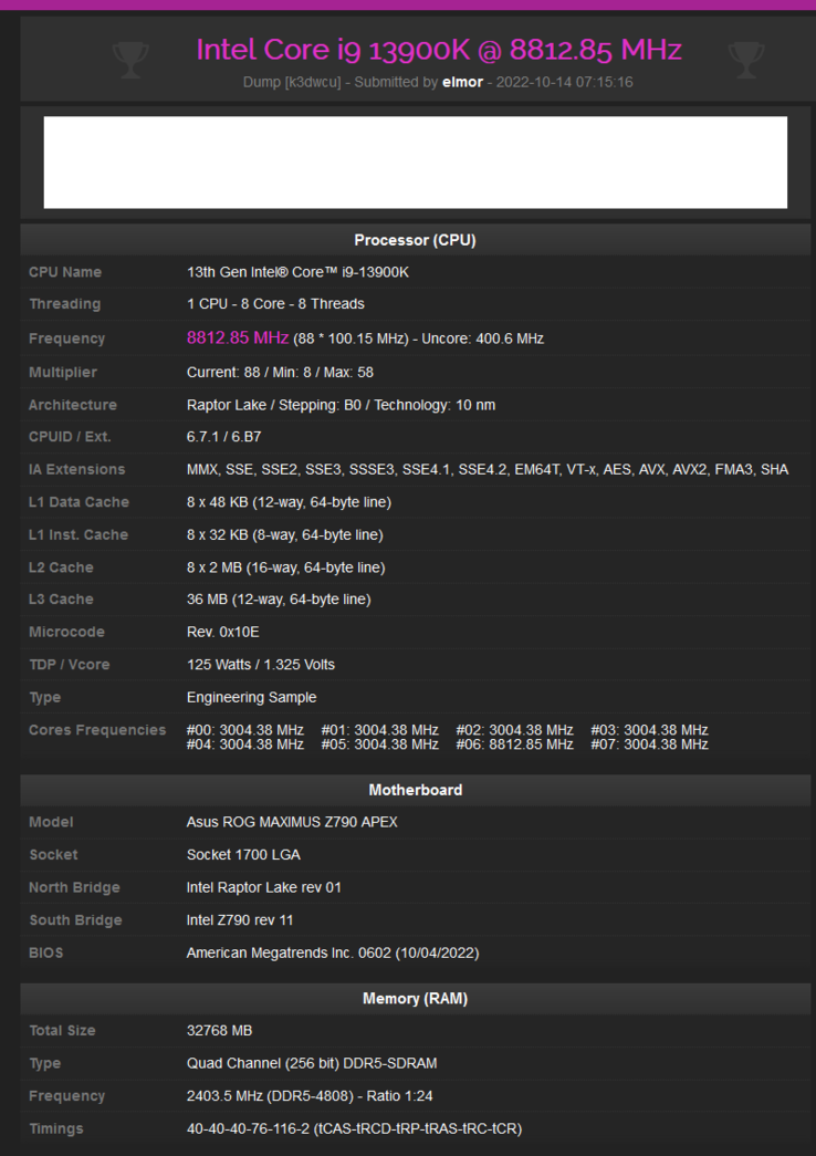 Intel Core i9-13900K atinge 8,8 GHz (imagem via HWbot)