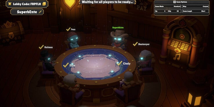 O One Last Hand oferece partidas online para até seis jogadores, com cada um deles ocupando um lugar ao redor da mesa de cartas antes do início da partida