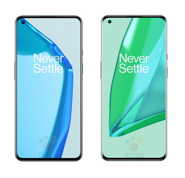 O OnePlus 9 e OnePlus 9 Pro, da esquerda para a direita. (Fonte da imagem: WinFuture)