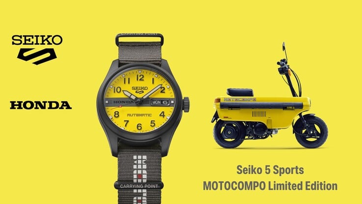 Infográfico apresentando o Seiko 5 Sports Field x Honda Motocompo ao lado da scooter Motocompo.
