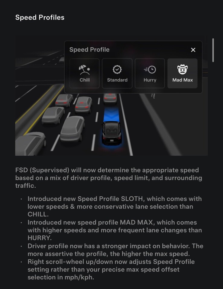 Changelog da última atualização do FSD 14.1.2 com o perfil de direção Mad Max. (Fonte da imagem: Tesla)