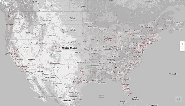 Os Superchargers da Tesla pontilham a paisagem norte-americana, contando seus números aos milhares. (Fonte da imagem: Tesla)