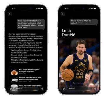 A visualização da conversa deve ser acessível deslizando para baixo a partir de um resultado da Siri ou dentro do aplicativo da Siri e inclui cartões de informações para resultados como notícias e dados no dispositivo (à esquerda).