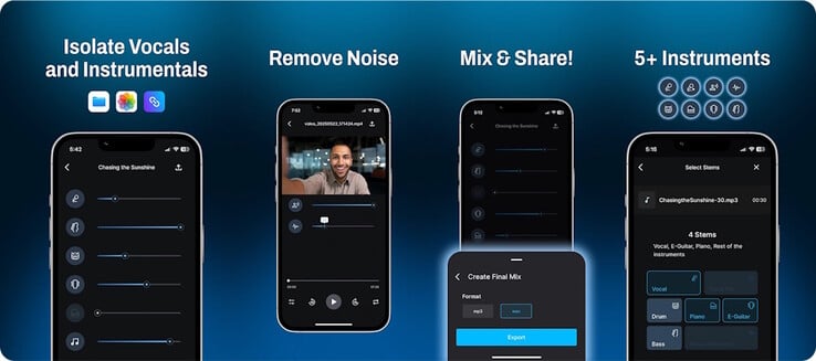 O Gaudio Studio usa o GSEP AI para eliminar o ruído de fundo ou separar as hastes de vocais e instrumentos em smartphones. (Fonte da imagem: Gaudio Lab)