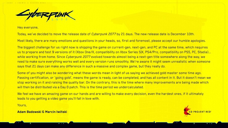 O Cyberpunk 2077 ainda chegará em 2020, no lado positivo. (Fonte da imagem: CD Projekt Red)