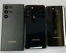A nota Galaxy S22, Galaxy S22 Plus e Galaxy S22 da esquerda para a direita. (Fonte da imagem: @heyitsyogesh)