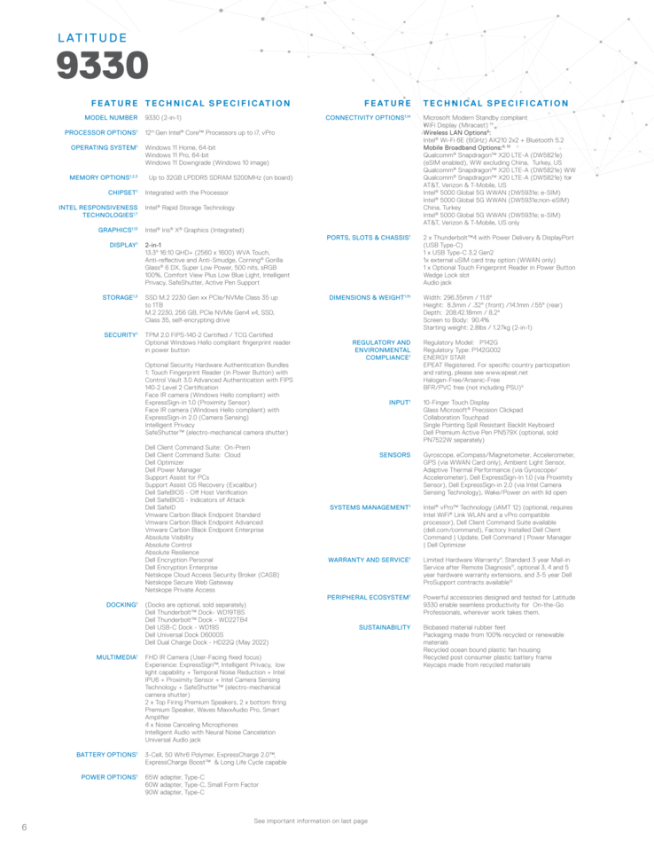 Latitude 9330 Especificações 2-em-1 (Fonte: Dell)