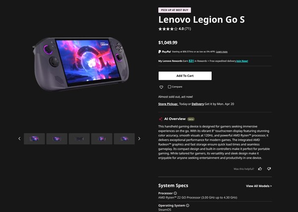 O preço do Legion Go S com SteamOS foi aumentado em US$ 450.