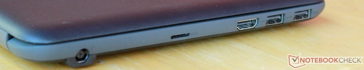 Left: DC in, microSD, HDMI, 2x USB 3.0