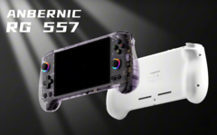 O computador de mão para jogos Anbernic RG 557 estará disponível em duas cores: roxo e branco. (Fonte da imagem: Anbernic)