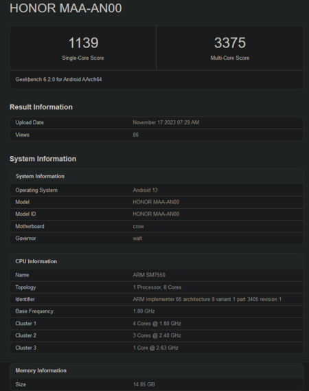 Pontuação do Geekbench do Snapdragon 7 Gen 3 (imagem via Geekbench)