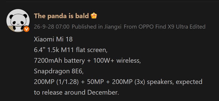 A matéria do The Panda Is Bald sobre o Xiaomi 18 padrão (traduzida automaticamente)