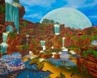 Uma imagem mostrando uma base no jogo The Planet Crafter, atualmente com 50% de desconto no Steam.