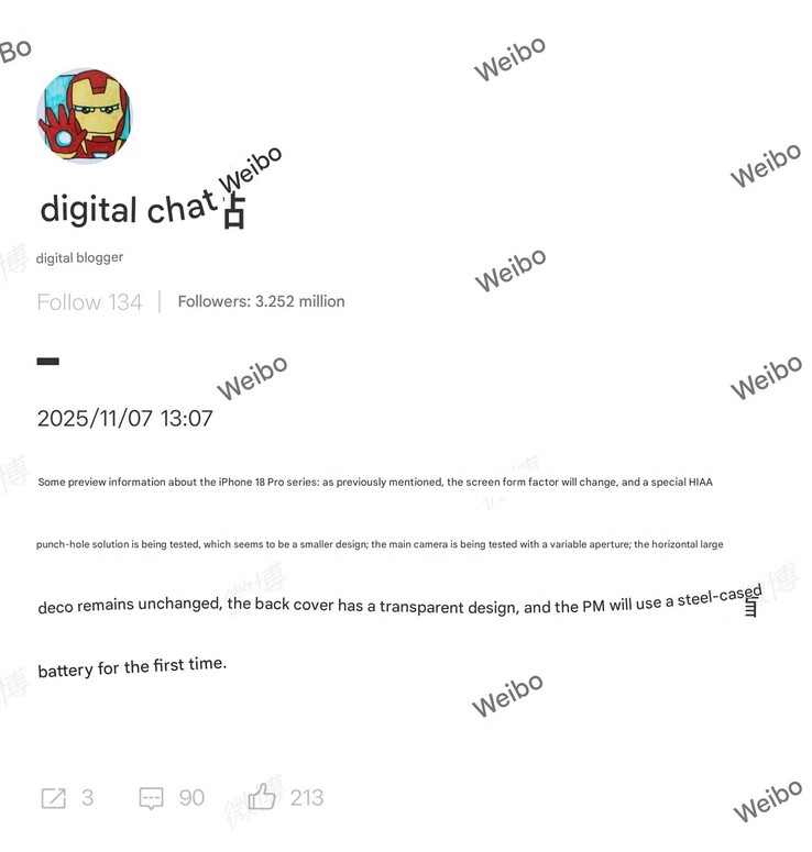 Rumor de hardware do iPhone 18 Pro. (Fonte da imagem: Digital Chat Station)