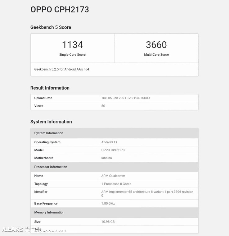 A OPPO CPH2173 também parece ter Android 11 e 12GB de RAM. (Fonte: Geekbench via SlashLeaks)