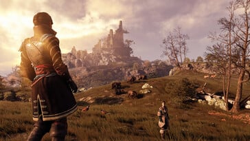 Uma imagem mostrando uma paisagem e dois personagens em GreedFall.