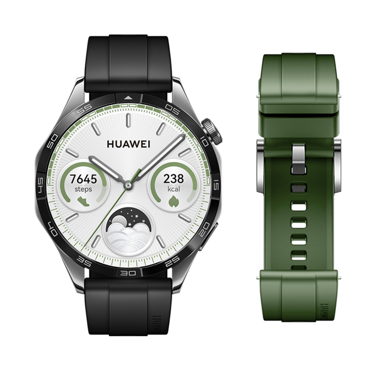 O Huawei Watch GT 4 Spring Edition pulseira de fluoroelastômero preta 46 mm + pulseira de fluoroelastômero verde abeto 2 em 1. (Fonte da imagem: Huawei)