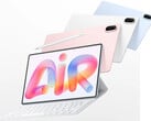 O MatePad Air 2026 tem preço inicial de €799 na UE. Na foto: uma imagem promocional mostrando diferentes cores e o acessório de teclado.