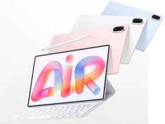 O MatePad Air 2026 tem preço inicial de €799 na UE. Na foto: uma imagem promocional mostrando diferentes cores e o acessório de teclado.