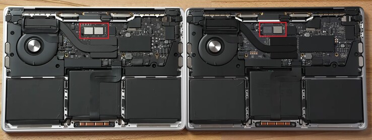 M1 MBP com dois chips NAND (L) &amp; M2 MBP com um (R) - modelos de 256 GB. (Fonte de imagem: Max Tech - editado)