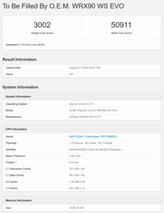 Pontuação do Threadripper Pro 9995WX no Geekbench 7