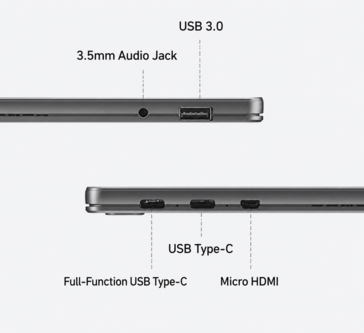 Portas do tablet Acer A543, incluindo USB-C, USB-A e Micro HDMI