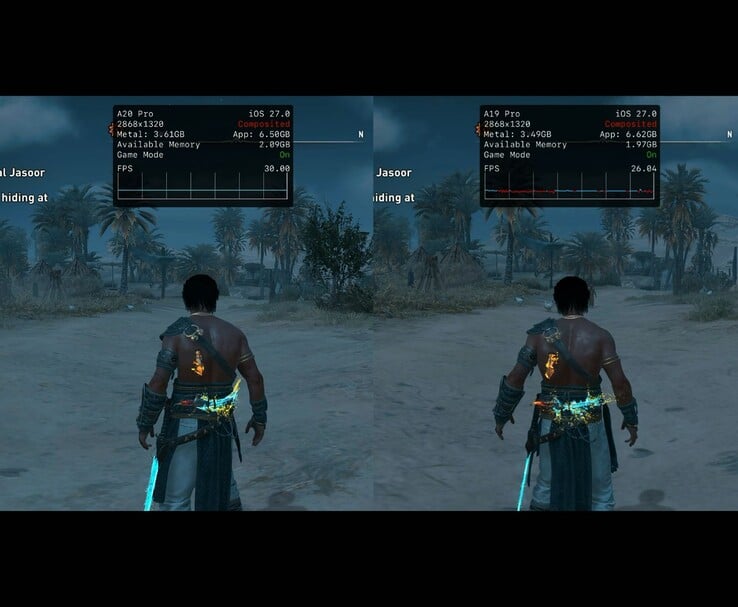 Assassin’s Creed Mirage rodando no iPhone 18 Pro Max e no iPhone 17 Pro Max, mostrando a diferença de FPS.