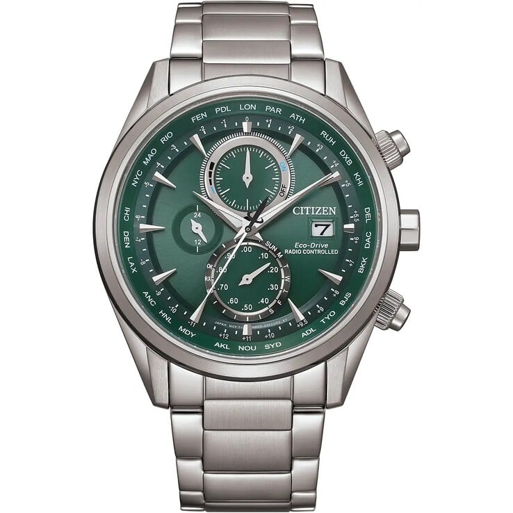 Citizen AT8260-85x com mostrador verde, três submostradores, caixa em aço inoxidável e pulseira de três elos.