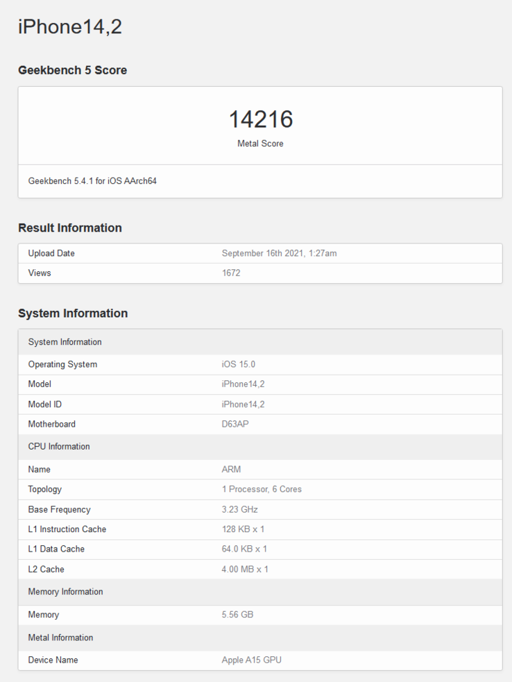 A15 Bionic on Geekbench's Metal benchmark (imagem via Geekbench)