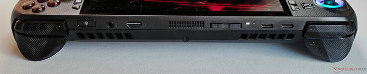 Parte superior: Botão liga/desliga (com leitor de impressão digital), estéreo de 3,5 mm, leitor de cartão microSD, volume, USB-C 3.2 Gen.2 (10 Gbps, DisplayPort 2.1, Power Delivery 3.0), USB-C 4.0 (40 Gbps, DisplayPort 2.1, Power Delivery 3.0)