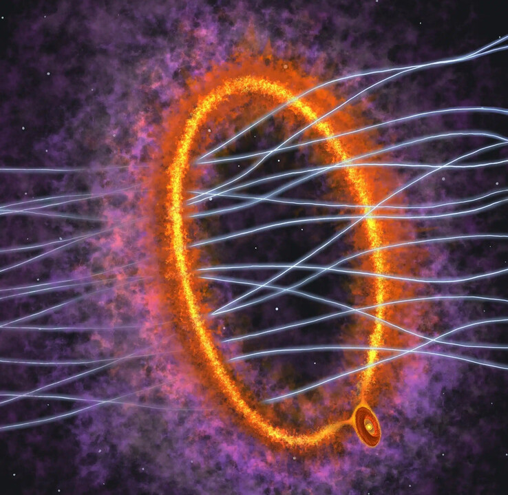 Uma ilustração mostrando o anel de gás e a jovem estrela MC 27.